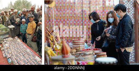 (201126) -- BEIJING, Nov. 26, 2020 (Xinhua) -- LEFT: Bazaar-goers look at cassette tapes in Shache County, northwest China's Xinjiang Uygur Autonomous Region in 1995. (Photo taken by Wu Chunzhan)RIGHT: Tourists buy hand drums at the Xinjiang International Grand Bazaar in Urumqi, capital of northwest China's Xinjiang Uygur Autonomous Region, Oct. 4, 2020. (Photo taken by Ding Lei) In a historic feat, northwest China's Xinjiang Uygur Autonomous Region has bidden farewell to absolute poverty. The last 10 impoverished counties in Xinjiang have managed to end absolute poverty, the regional gov Stock Photo