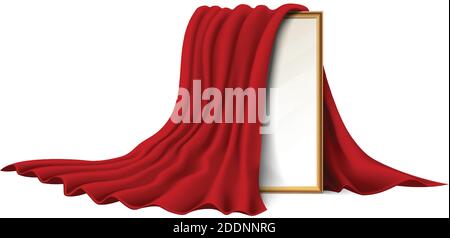 Isolated on white background. 3d realistic vector wooden picture frame covered with red velvet cloth. Stock Vector