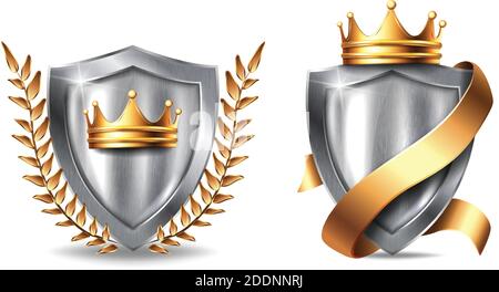 Set of 3d realistic vector metal shield with frames . Blank silver steel metallic panel with golden crown, ribbon and leaves award trophy or certifica Stock Vector