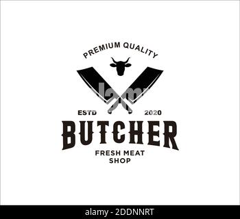 Vintage butcher shop logo with meat knives and bull head Stock Vector