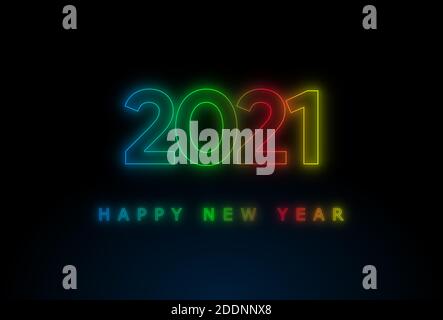 Happy new year 2021 Text with effect neon light colorful in dark background Stock Photo