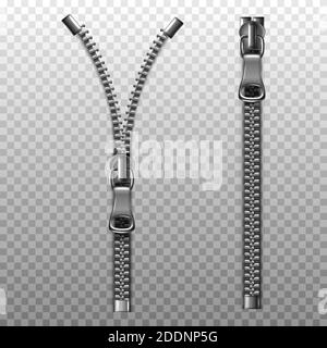 3d realistic vector zipper, open and closed. Illustration on transparent background. Stock Vector