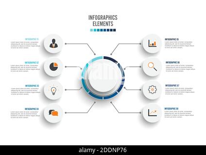 Vector infographic template with 3D paper label, integrated circles. Business concept with 8 options. For content, diagram, flowchart, steps, parts. Stock Vector