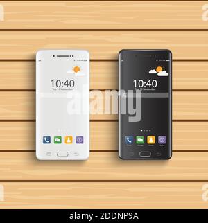 Smartphones black and white. New realistic mobile smartphone modern style. Vector smartphone with ui icons on wooden background. Stock Vector