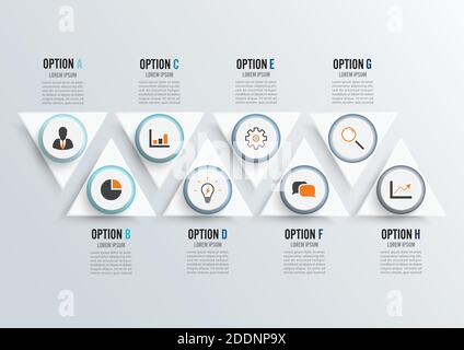 Vector infographic template with 3D paper label, integrated circles. Business concept with 8 options. For content, diagram, flowchart, steps, parts. Stock Vector