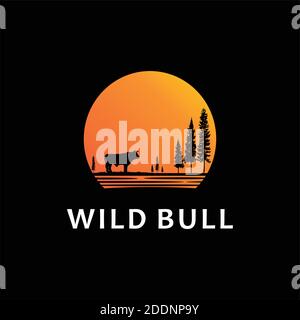 sunset with plant and bull Stock Vector