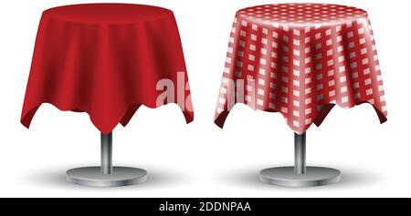 Set of two 3d realistic vector cafe tables with red tablecloth and checkered on top. Isolated on white background. Stock Vector