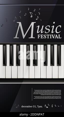 3d realistic vector music festival poster piano with keyboard black and white. Stock Vector