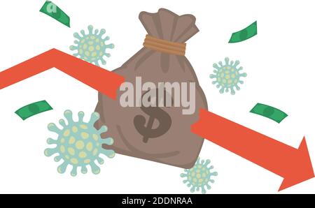 Red arrow going down surround with virus and money. Concept of of Corona virus impact on economic. Flat vector illustration. Stock Vector