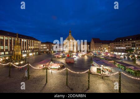 Nuremberg, Germany. 23rd Nov, 2020. The Main Market Square with the Frauenkirche, from whose gallery the Nuremberg Christ Child officially opens the Nuremberg Christmas Market below every year. The world-famous Nuremberg Christkindlesmarkt, which was originally scheduled to open on 27.11.2020, is cancelled this year due to the Corona Pandemic. Credit: Daniel Karmann/dpa/Alamy Live News Stock Photo