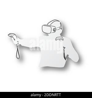 Vector black line hand drawn of virtual reality headset on human shape cut paper with shadow isolated on white background Stock Vector
