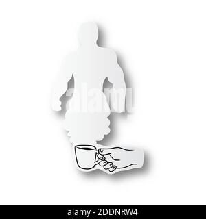black line hand drawn of hand holding coffee on muscle man shape cut paper with shadow isolated on white background Stock Vector