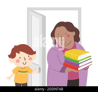 Illustration of a Kid Boy Student Holding the Door Open for Teacher Girl Carrying Books Stock Photo