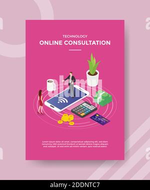 technology online consultation people standing on smartphone money calculator for template flyer and print banner cover book books modern flat style Stock Vector