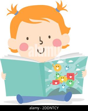 Illustration of a Kid Girl Toddler Reading a Book and Learning About Shapes Stock Photo