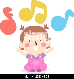 Illustration of a Kid Girl Toddler Looking Up Music Notes in Primary Colors. Learning Colors Song Stock Photo