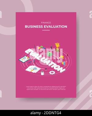 finance business evaluation people standing around text EVALUATION money trophy for template flyer and print banner cover book books modern flat style Stock Vector