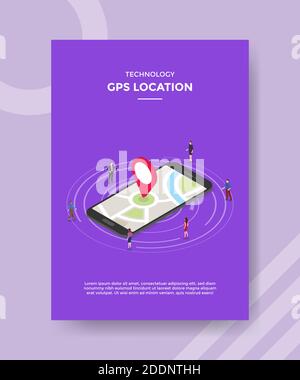 technology gps people standing around smartphone for template flyer and print banner cover book books modern flat style Stock Vector