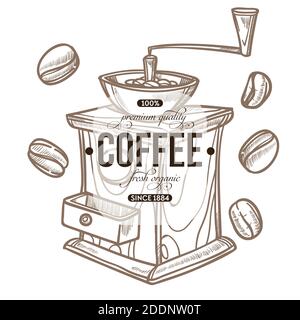 Coffee grinder and beans isolated sketch icon cafe or bar Stock Vector