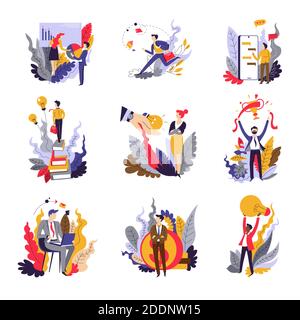 Business concepts isolated icons startup and projects businessman and businesswoman Stock Vector