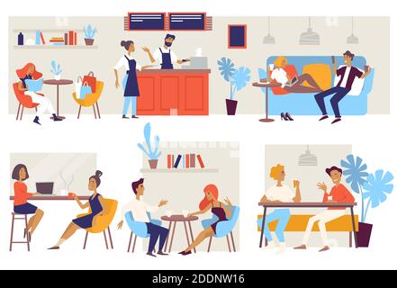 Cafe interior coffee house or bar customers and barista Stock Vector