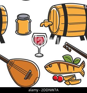Cyprus food drink and musical instrument seamless pattern traveling Stock Vector