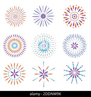 Festive fireworks. Celebration party firework, festival firecracker and, holiday feast celebrated colorful sky fire explosion stars, birthday or Xmas Stock Vector