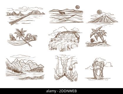Landscape sketches wild nature seascape mountain and desert Stock Vector