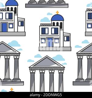 Greek pillars and church Greece architecture seamless pattern Stock Vector