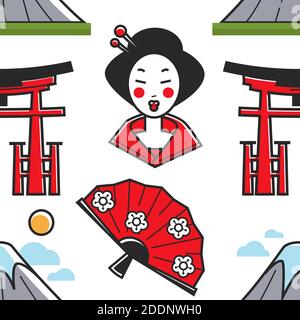 Japanese symbols geisha and torii gate mountain and fan Stock Vector