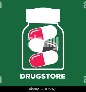 Drugstore or pharmacy medical pills or capsules in glass bottle Stock Vector