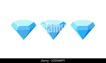 Diamonds with different cutting. Set of blue diamond crystals isolated in white background. Cartoon vector illustration Stock Vector