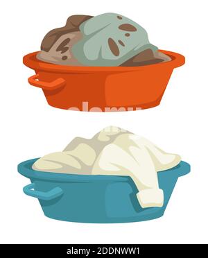 Clean and dirty laundry mud stains on clothes in basin Stock Vector