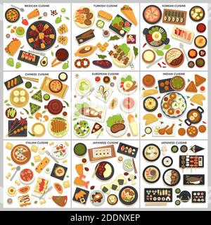 International cuisine menu food and cooking dishes traveling Stock Vector