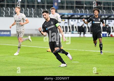 Moenchengladbach, Germany. 25th Nov, 2020. Lars Stindl (Front) of Moenchengladbach celebrates after scoring during the UEFA Champions League Group B football match between Borussia Moenchangladbach and FC Shakhtar Donetsk in Moenchangladbach, Germany, Nov. 25, 2020. Credit: Ulrich Hufnagel/Xinhua/Alamy Live News Stock Photo