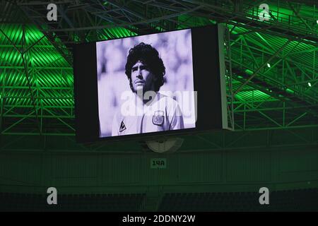 Moenchengladbach, Germany. 25th Nov, 2020. An image of Argentine football legend Diego Maradona, who died at the age of 60 on Wednesday of a heart attack is shown on the screen of the stadium prior to the UEFA Champions League Group B football match between Borussia Moenchangladbach and FC Shakhtar Donetsk in Moenchangladbach, Germany, Nov. 25, 2020. Credit: Ulrich Hufnagel/Xinhua/Alamy Live News Stock Photo