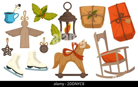 Christmas symbols, gifts box and vintage toys Stock Vector