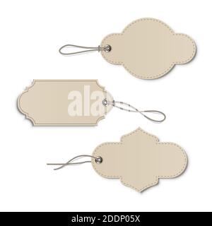 Vintage beige price or label tags mockup template set. Blank cards with strings for gifts or sales with different shapes. Empty stickers with thread Stock Vector
