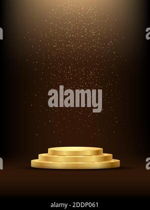 Golden three step podium under falling gold glitter isolated on dark background. Vector illustration. Stock Vector