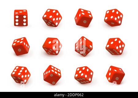 Red dice cubes for gambling set. Casino craps and playing games vector illustration. Poker cubes rolling and throwing, random numbers with dots Stock Vector