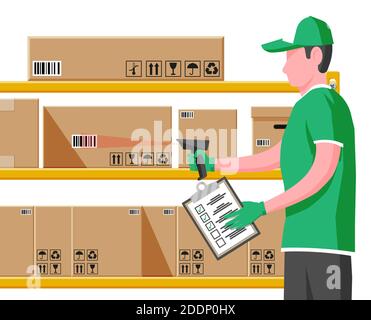 Warehouse worker scanning barcode on cardboard box. Checking bar code of container with scanner. Delivery, logistic and shipping cargo. Flat vector illustration Stock Vector