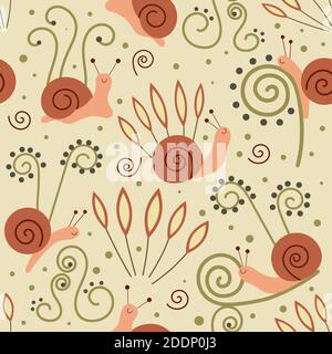 Cute snail animal vector seamless pattern. Stock Vector