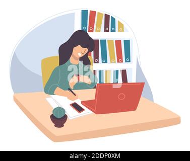 Woman working in office looking time at watch Stock Vector