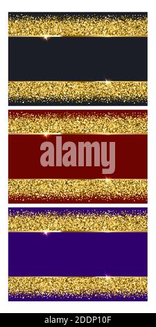 Grey, blue, red rectangular backgrounds set. Elegant colorful wallpapers with thin geometric border and golden sparkle confetti. Luxurious design Stock Vector