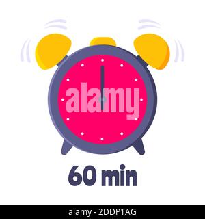 Sixty minutes on analog clock face flat style design vector illustration icon sign isolated on white background. Analogue wall clock 60 minutes time m Stock Vector