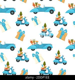 Scooter with pine tree and presents for christmas Stock Vector