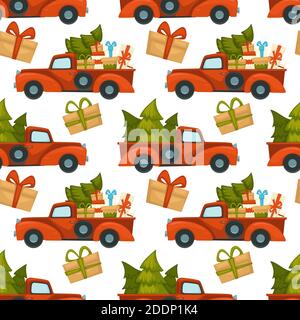 Truck car with pine tree and presents pattern Stock Vector
