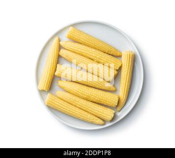 Pickled young baby corn cobs isolated on white background. Stock Photo