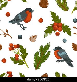 Bullfinch bird and mistletoe seamless pattern Stock Vector
