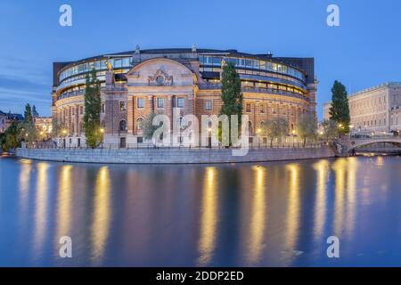 geography / travel, Sweden, Stockholm Laen, Stockholm, Swedish parliament Riksdag by night, Helgeandsh, Additional-Rights-Clearance-Info-Not-Available Stock Photo